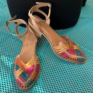Multicolor Woven Leather Ankle-Strap Sandals — Neutral Trim